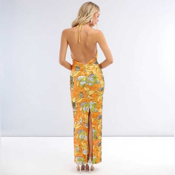 Helsi Halter Fitted Floral Sequin Gown Size S Color Marigold - Picture 5 of 6